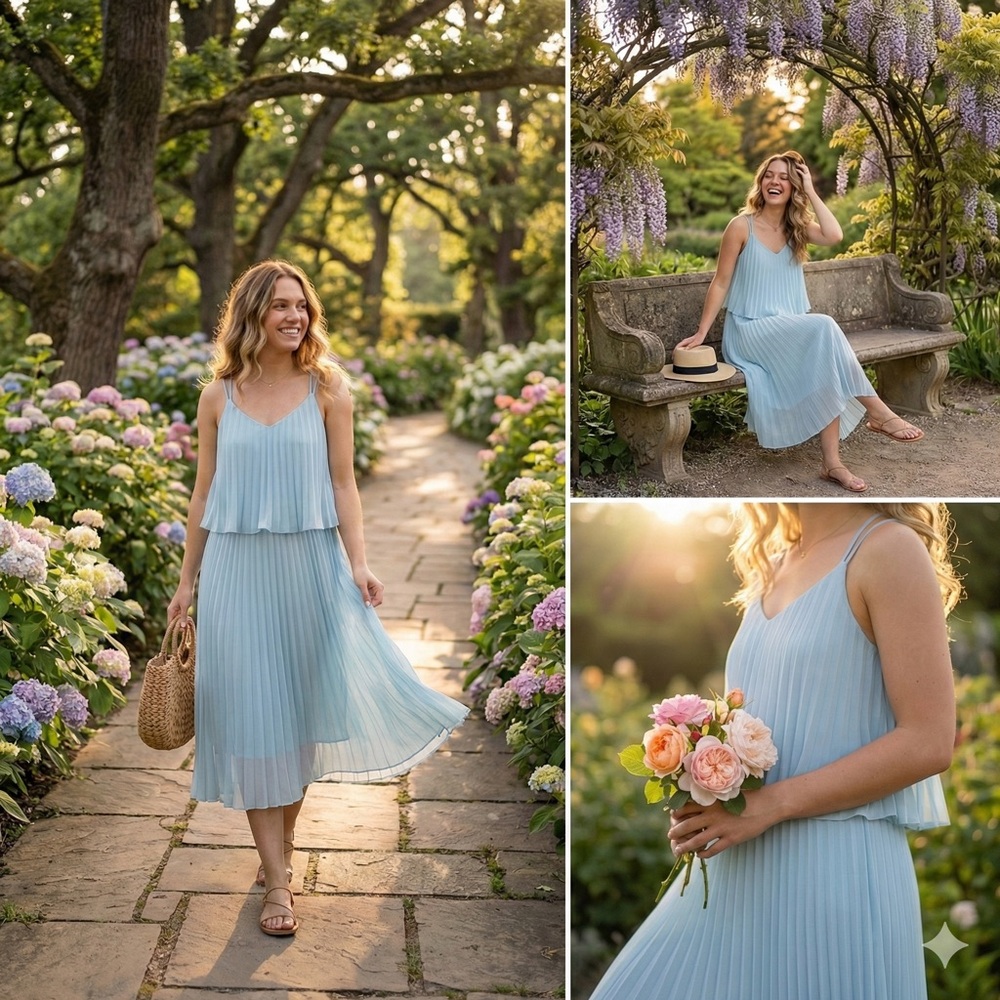 Dex Light Blue Pleated Midi Dress